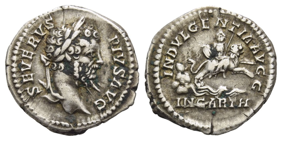 Septimius Severus AR Denarius.: Struck AD 201-210. Rome mint. SEVERVS PIVS AVG, laureate head to right / INDVLGENTIA AVGG, the Dea Caelestis, holding tympanum and sceptre, riding on lion to right over waters gushing from rock; IN