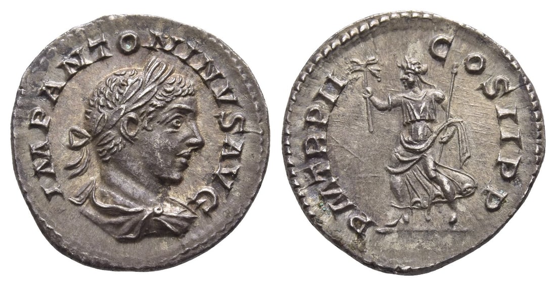 Elagabalus AR Denarius.: AD 219. Rome mint. IMP ANTONINVS AVG, laureate and draped bust to right / P M TR P II COS II P P, Pax walking to left, holding branch and sceptre. RIC IV 21; BMCRE 97-98; RSC 143. 2.56gr, 19mm, 11h.