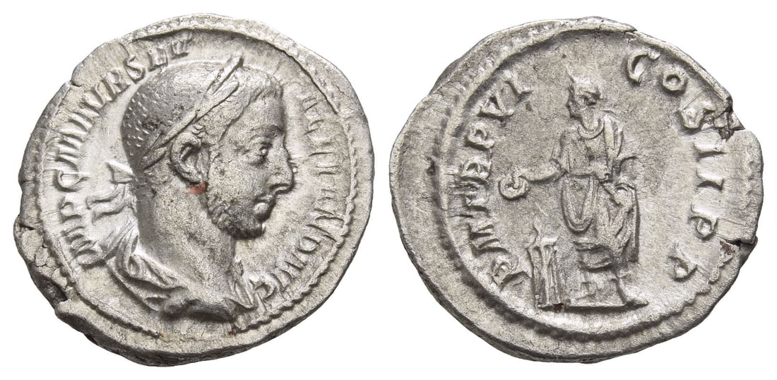 Severus Alexander AR Denarius.: AD 227. Rome mint. IMP C M AVR SEV ALEXAND AVG, laureate and draped bust to right / P M TR P VI COS II P P, Severus Alexander, togate, standing facing, head to left, sacrificing with patera in his