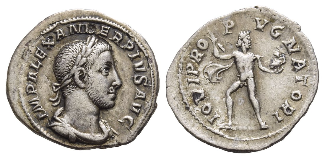 Severus Alexander AR Denarius.: AD 231-235. Rome mint. IMP ALEXANDER PIVS AVG, laureate and draped bust to right / IOVI PROPVGNATORI, Jupiter in fighting stance, head to right, holding thunderbolt and eagle. RIC IV 239; BMCRE 825;