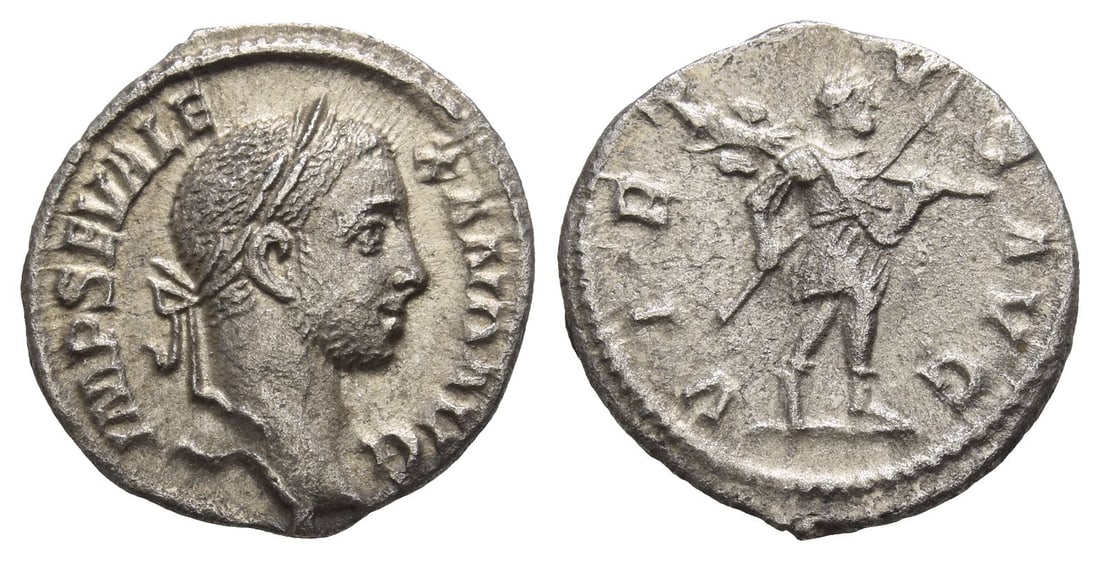 Severus Alexander AR Denarius.: AD 228. Rome mint. IMP SEV ALEXAND AVG, laureate head to right / VIRTVS AVG, Severus Alexander, laureate and in the guise of Romulus, walking to right, holding spear in his right hand and trophy over 