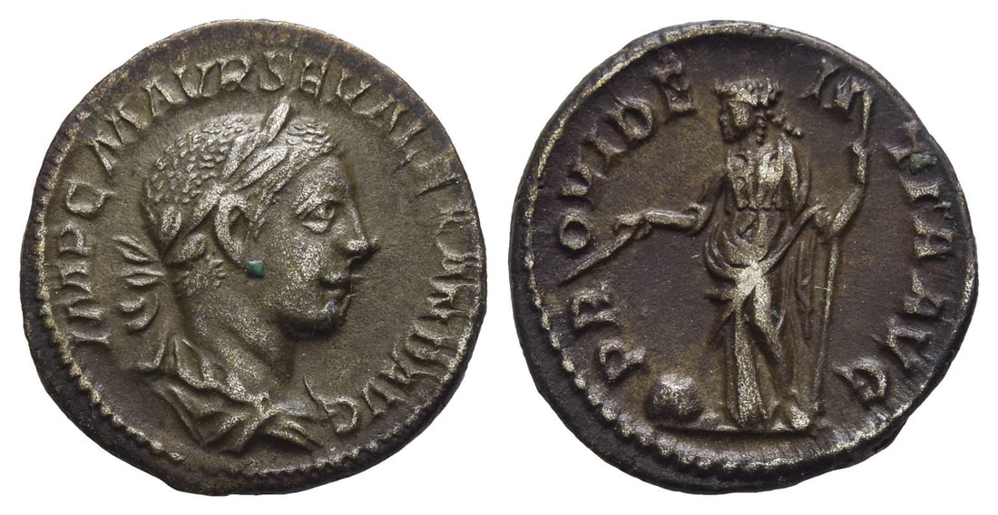 Severus Alexander AR Denarius.: AD 223. Rome mint. IMP C M AVR SEV ALEXAND AVG, laureate and draped bust to right / PROVIDENTIA AVG, Providentia standing to left, holding wand over globe at feet and sceptre. RIC IV 173; BMCRE 138; R