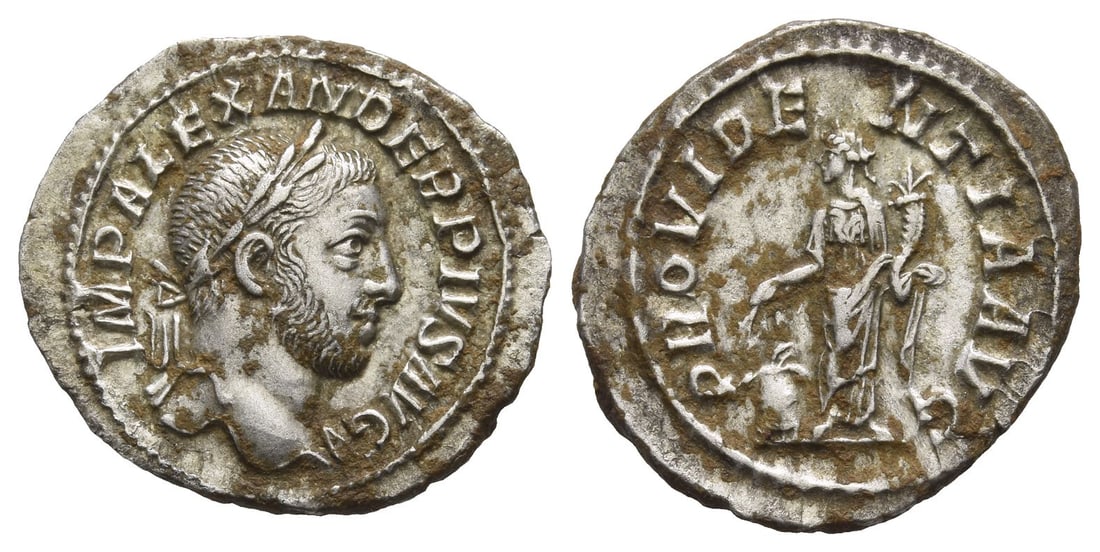 Severus Alexander AR Denarius.: Struck AD 231-235. Rome mint. IMP ALEXANDER PIVS AVG, laureate head to right, drapery on left shoulder / PROVIDENTIA AVG, Providentia standing facing, head to left, holding two grain ears in her right