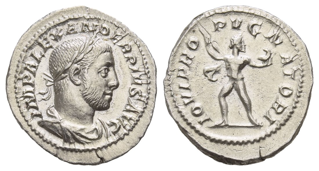 Severus Alexander AR Denarius.: AD 231-235. Rome mint. IMP ALEXANDER PIVS AVG, laureate and draped bust to right / IOVI PROPVGNATORI, Jupiter in fighting stance, head to right, holding thunderbolt and eagle. RIC IV 239; BMCRE 825; R