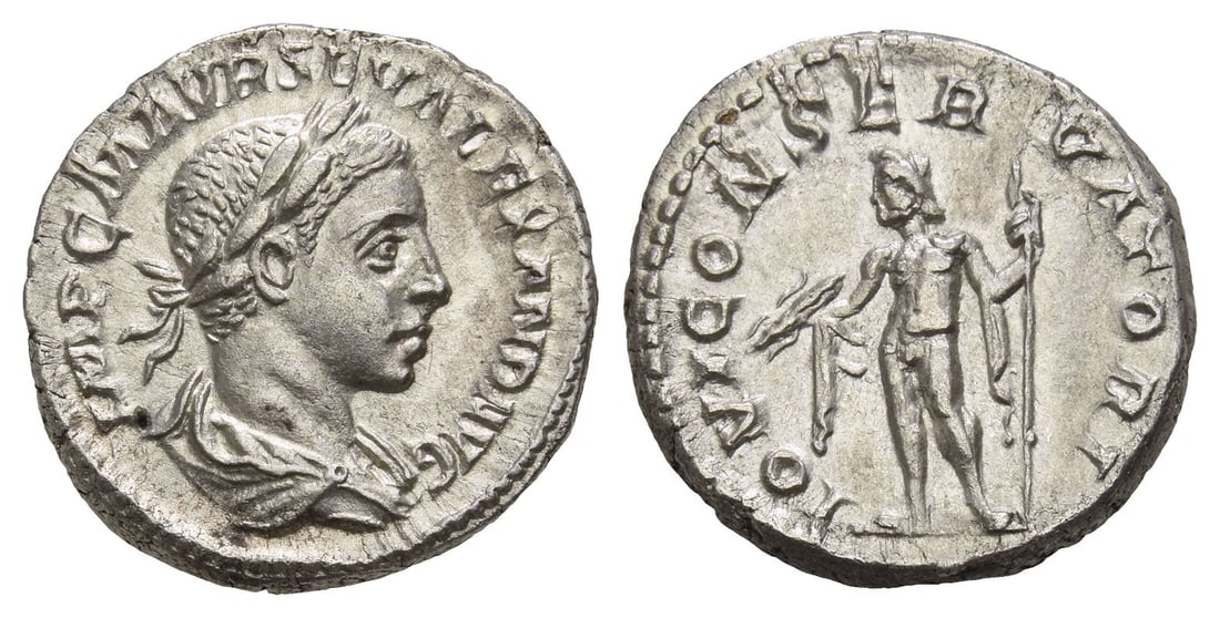 Severus Alexander AR Denarius.: AD 222-224. Rome mint. IMP C M AVR SEV ALEXAND AVG, laureate and draped bust to right / IOVI CONSERVATORI, Jupiter standing to left, naked except for chlamys over right arm and left shoulder, holding 