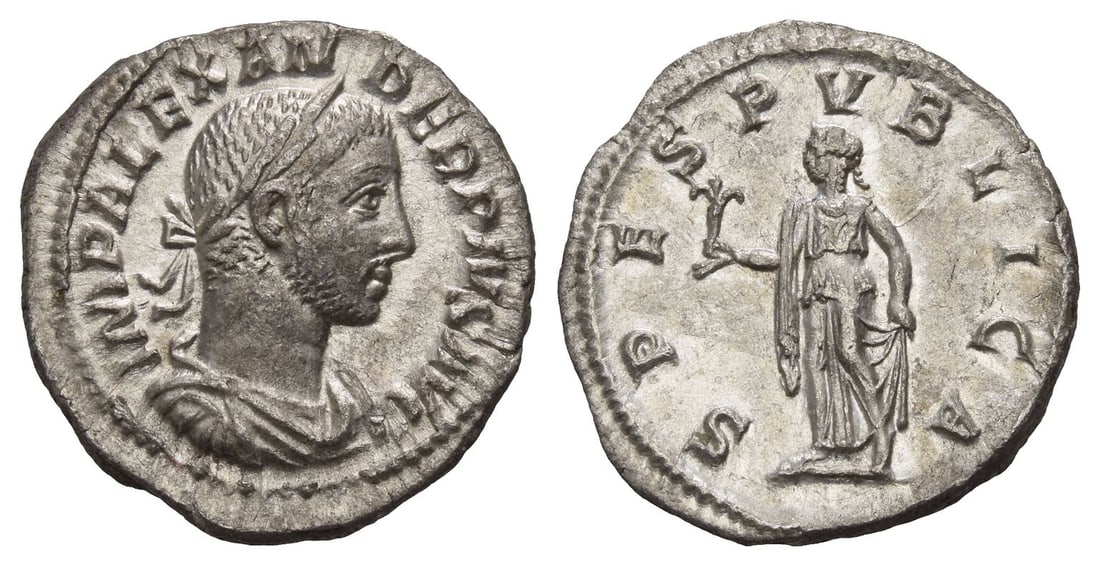 Severus Alexander AR Denarius.: AD 231-235. Rome mint. IMP ALEXANDER PIVS AVG, laureate, draped and cuirassed bust to right / SPES PVBLICA, Spes advancing to left, holding flower and raising skirt. RIC IV 254; BMCRE 900; RSC 546. 2.