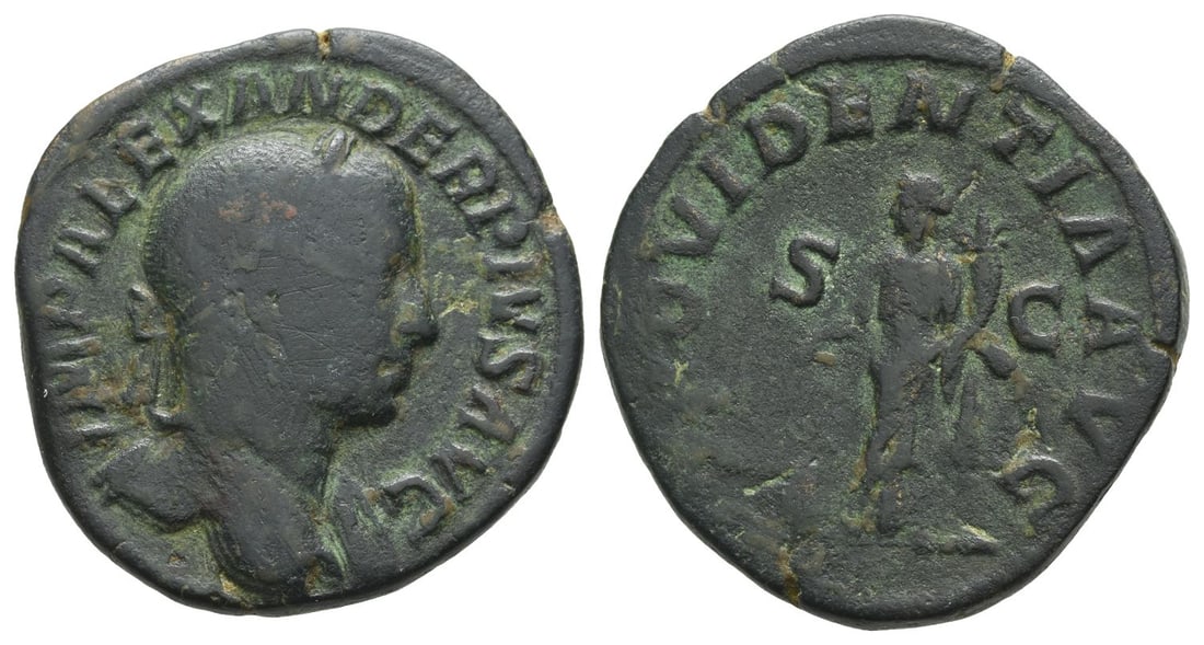 Severus Alexander AE Sestertius.: AD 231-235. Rome mint. IMP ALEXANDER PIVS AVG, laureate bust to right, slight drapery on far shoulder / PROVIDENTIA AVG, Providentia standing facing, head to left, holding corn-ears over modius and co