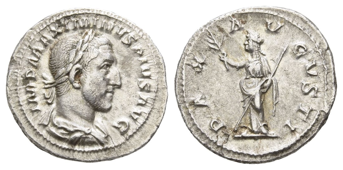 Maximinus I AR Denarius.: AD 235. Rome mint. IMP MAXIMINVS PIVS AVG, laureate, draped and cuirassed bust to right / PAX AVGVSTI, Pax standing facing, head to left, holding olive branch in her right hand and transverse sceptre 