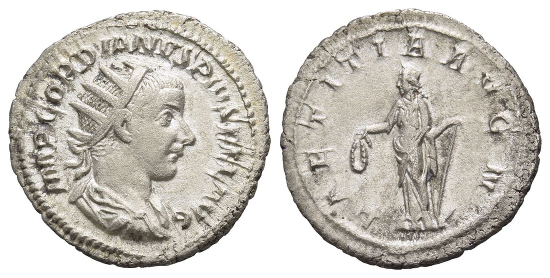 Gordian III AR Antoninianus.: AD 241-243. Rome mint. IMP GORDIANVS PIVS FEL AVG, radiate, draped and cuirassed bust to right / LAETITIA AVG N, Laetitia standing to left with wreath and anchor. RIC IV 86; RSC 121. 3.97gr, 23mm, 11h