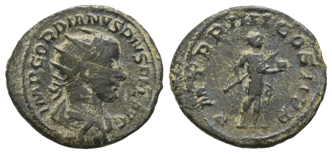 Gordian III AE Antoninianus (Limes Falsum?).: AD 241-243. Rome mint. IMP GORDIANVS PIVS FEL AVG, radiate, draped and cuirassed bust to right / P M TR P IIII COS II P P, emperor standing to right, holding spear and globe. For Silver Antoninianus: 