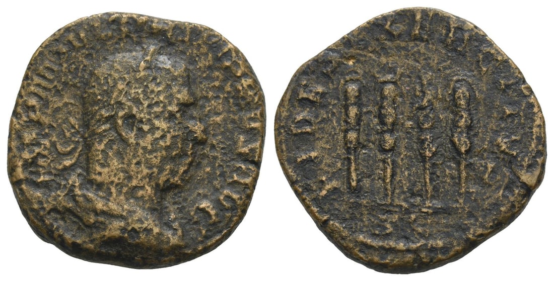 Philip I AE Sestertius.: AD 249. Rome mint. IMP M IVL PHILIPPVS AVG, laureate, draped and cuirassed bust to right / FIDES EXERCITVS, four military standards; S C in exergue. RIC 171a; Cohen 51. 17.27gr, 29mm, 1h. Good Fine. F