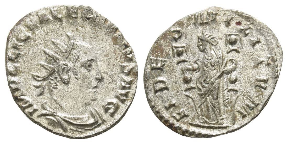 Valerian I AR Antoninianus.: AD 253-260. Uncertain mint. IMP C LIC VALERIANVS AVG, radiate, draped and cuirassed bust to right / FIDES MILITVM, Fides standing facing, head to left, holding two signa. RIC V.1 - (unrecorded obverse