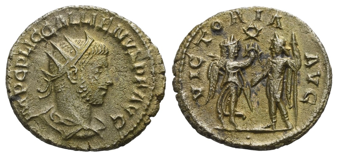 Gallienus BI Antoninianus.: AD 253-268. Samosata mint. IMP C P LIC GALLIENVS P F AVG, radiate, draped and cuirassed bust to right; [pellet? below] / VICTORIA AVG, Victory standing to right with palm, presenting wreath to emperor