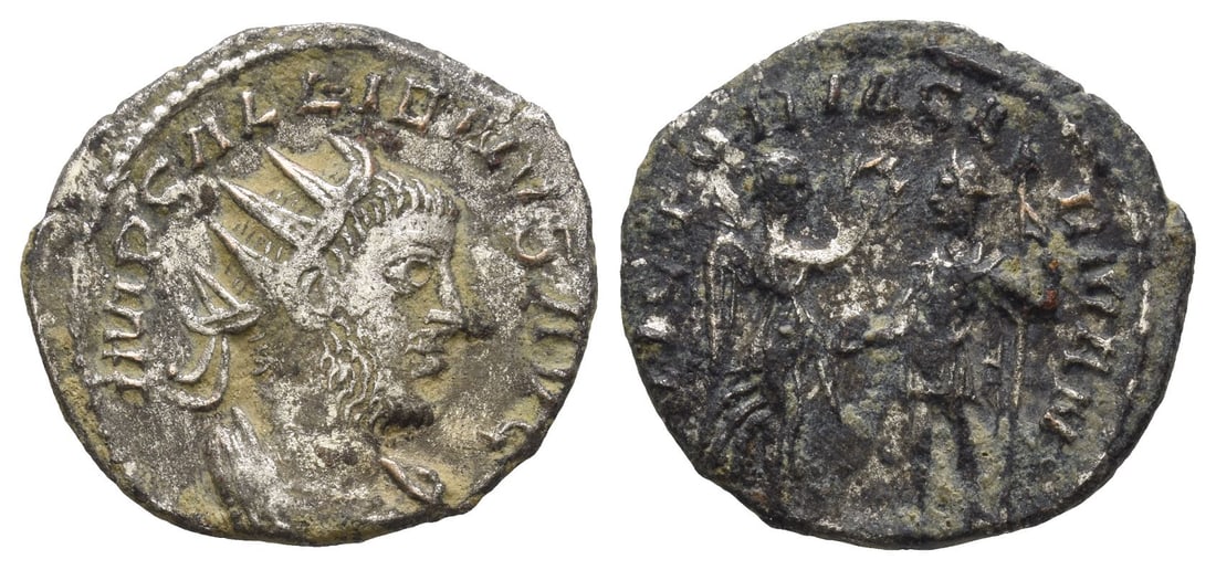 Gallienus BI Antoninianus.: AD 256-257. Antioch mint. IMP GALLIENVS AVG, radiate and cuirassed bust to right / VICTORIA GERMAN, emperor standing to left, holding globe and spear, receiving wreath from Victory, standing to right,
