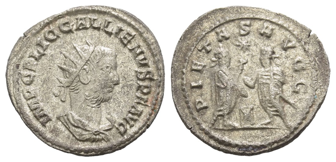 Gallienus BI Antoninianus.: AD 256-260. Samosata mint. IMP C P LIC GALLIENVS P F AVG, radiate, draped and cuirassed bust to right / PIETAS AVGG, emperors, both holding sceptre and patera, facing each other, sacrificing at altar;