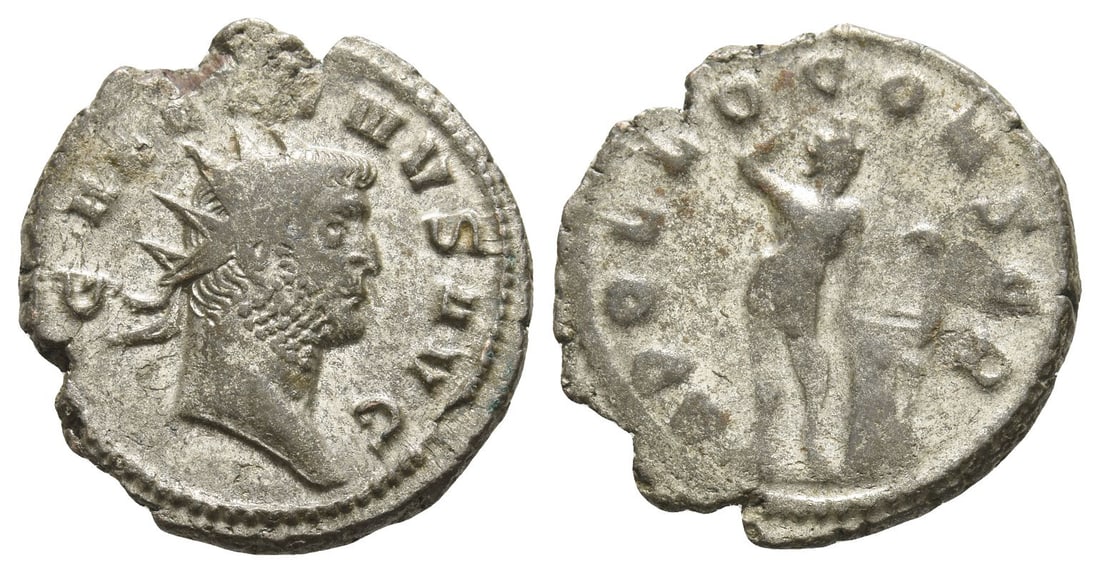 Gallienus BI Antoninianus.: AD 264. Mediolanum mint. GALLIENVS AVG, radiate head to right / APOLLO CONSER, Apollo standing facing, head to right, placing his right hand on his head and holding lyre set on draped column with his 