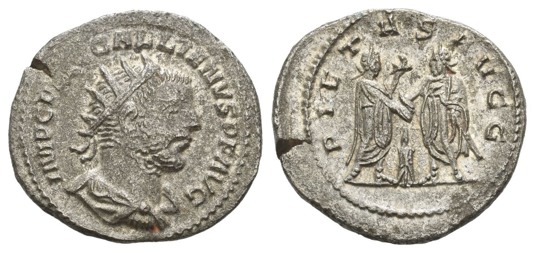 Gallienus BI Antoninianus.: AD 256-260. Samosata mint. IMP C P LIC GALLIENVS P F AVG, radiate, draped and cuirassed bust to right / PIETAS AVGG, emperors, both holding sceptre and patera, facing each other, sacrificing at altar.