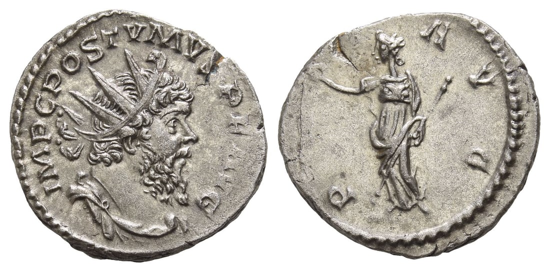 Postumus, Romano-Gallic Emperor AR Antoninianus.: AD 268. Treveri mint. IMP C POSTVMVS P F AVG, radiate, draped and cuirassed bust to right / PAX AVG, Pax standing to left, holding olive branch and sceptre. RIC V.2 318 (Colonia Agrippensis); RSC 215b