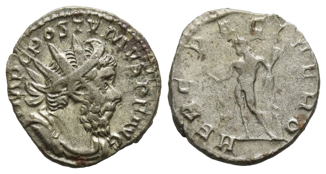 Postumus, Romano-Gallic Emperor AR Antoninianus.: Struck AD 262-263. Treveri mint. IMP C POSTVMVS P F AVG, radiate, draped and cuirassed bust to right / HERC PACIFERO, Hercules standing to left, holding olive branch, club and lion skin. RIC V.2 67 (L