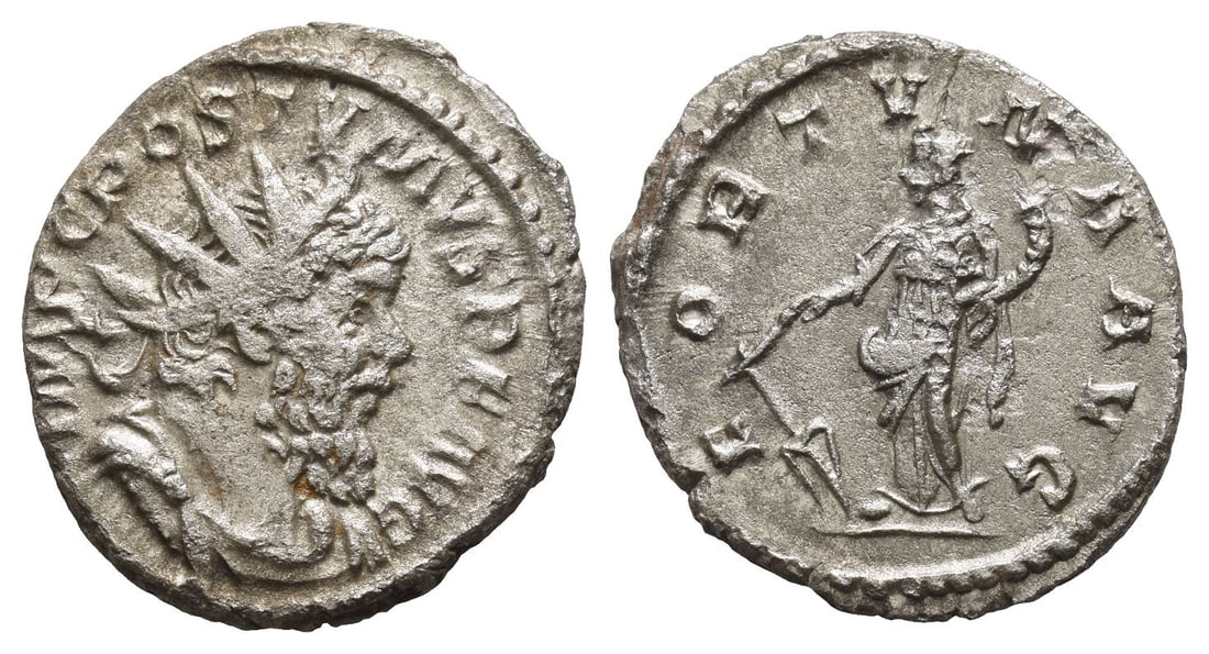 Postumus, Romano-Gallic Emperor AR Antoninianus.: AD 266-267. Treveri mint. IMP C POSTVMVS P F AVG, radiate, draped and cuirassed bust to right / FORTVNA AVG, Fortuna standing to left, holding rudder and cornucopia. RIC V.2 60 (Lugdunum); RSC 80. 2.6