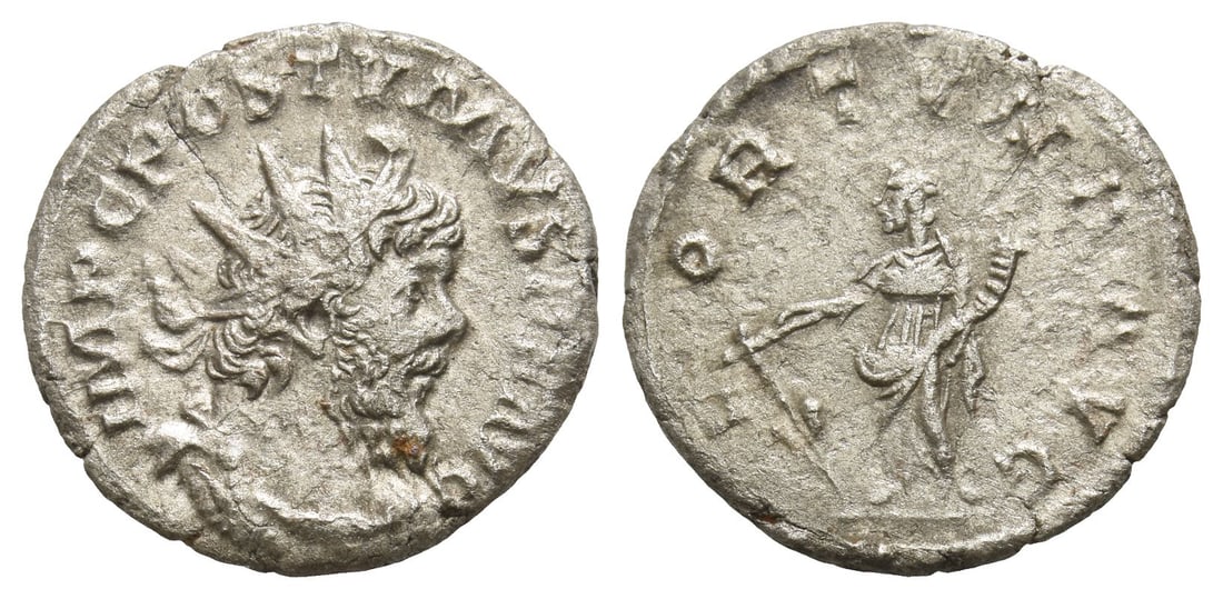 Postumus, Romano-Gallic Emperor AR Antoninianus.: AD 266-267. Treveri mint. IMP C POSTVMVS P F AVG, radiate, draped and cuirassed bust to right / FORTVNA AVG, Fortuna standing to left, holding rudder and cornucopia. RIC V.2 60 (Lugdunum); RSC 80. 2.4