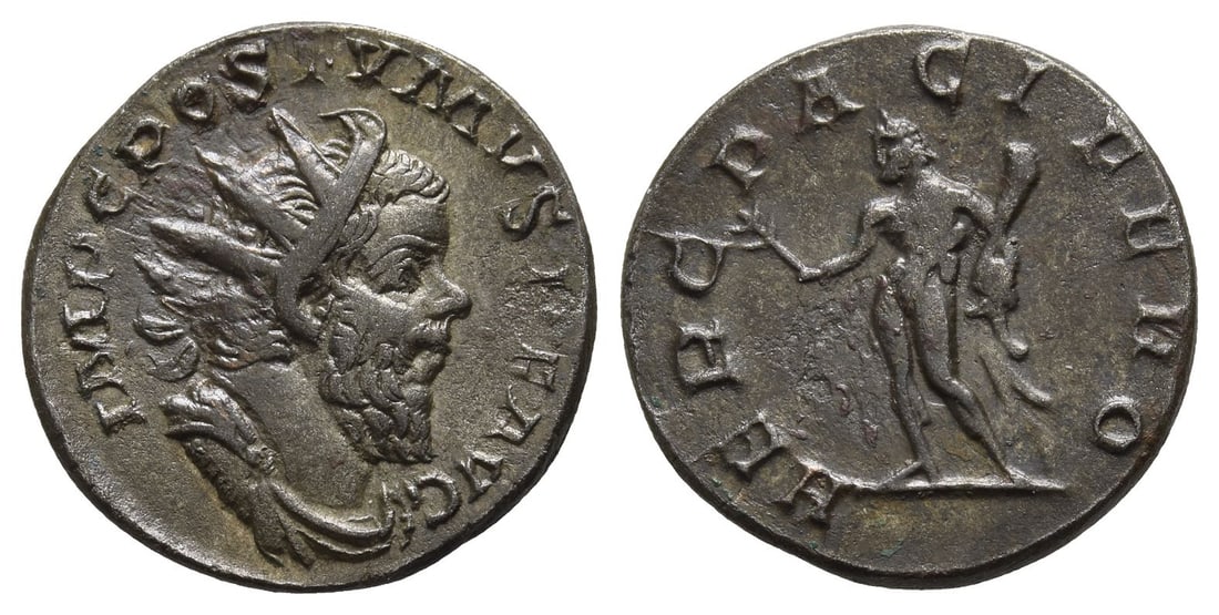 Postumus, Romano-Gallic Emperor AR Antoninianus.: Struck AD 262-263. Treveri mint. IMP C POSTVMVS P F AVG, radiate, draped and cuirassed bust to right / HERC PACIFERO, Hercules standing to left, holding olive branch, club and lion skin. RIC V.2 67 (L