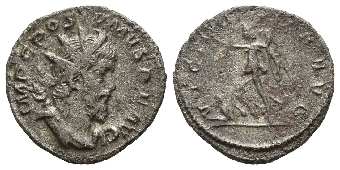 Postumus, Romano-Gallic Emperor AR Antoninianus.: Struck AD 260. Treveri mint. IMP C POSTVMVS P F AVG, radiate, draped and cuirassed bust to right / VICTORIA AVG, Victory walking to left, holding wreath and palm, treading on captive seated to left. R