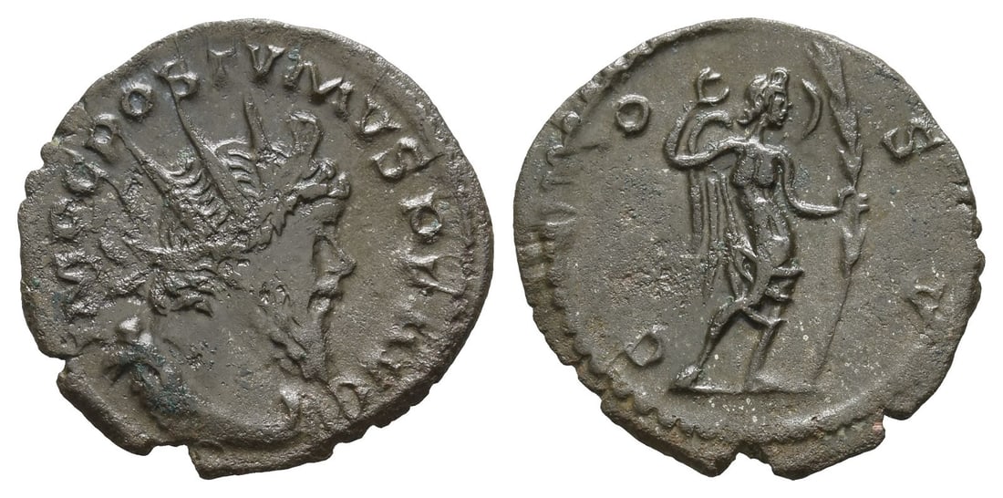 Postumus, Romano-Gallic Emperor BI Antoninianus.: AD 269. Treveri mint. IMP C POSTVMVS P F AVG, radiate, draped and cuirassed bust to right / COS V, Victory standing to right, her right hand raised to head, holding palm branch with left. RIC V.4 424;