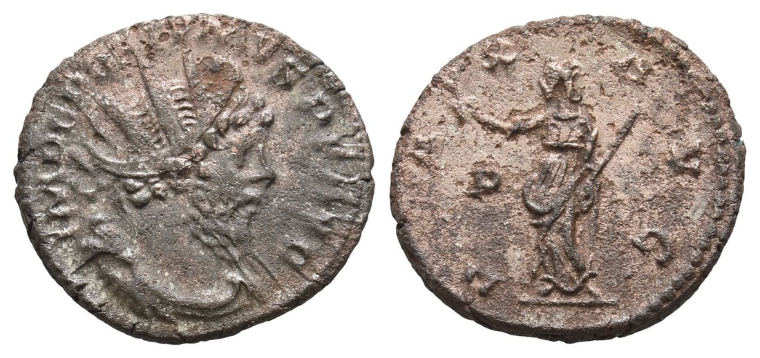 Postumus, Romano-Gallic Emperor BI Antoninianus.: Struck AD 268. Treveri mint. 1st officina. IMP C POSTVMVS P F AVG, radiate, draped and cuirassed bust to right / PAX AVG, Pax standing to left, holding olive branch with right and transverse sceptre w