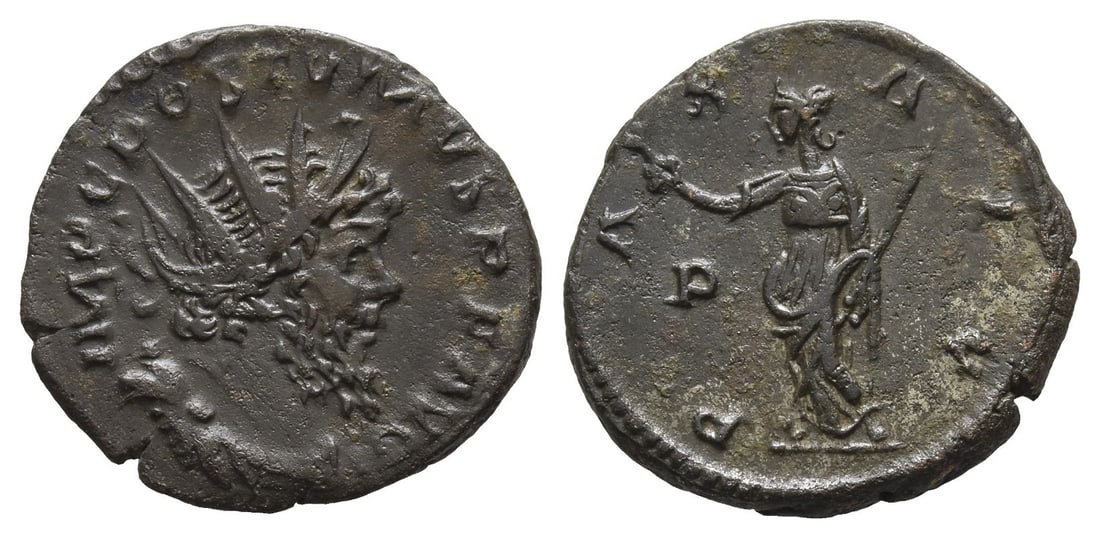 Postumus, Romano-Gallic Emperor BI Antoninianus.: Struck AD 268. Treveri mint. 1st officina. IMP C POSTVMVS P F AVG, radiate, draped and cuirassed bust to right / PAX AVG, Pax standing to left, holding olive branch with right and transverse sceptre w