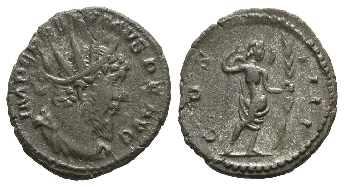 Postumus, Romano-Gallic Emperor BI Antoninianus.: AD 268. Cologne mint. IMP C POSTVMVS P F AVG, radiate, draped and cuirassed bust to right / COS IIII, Victory standing to right, raising her right hand to head and holding long palm branch in her left