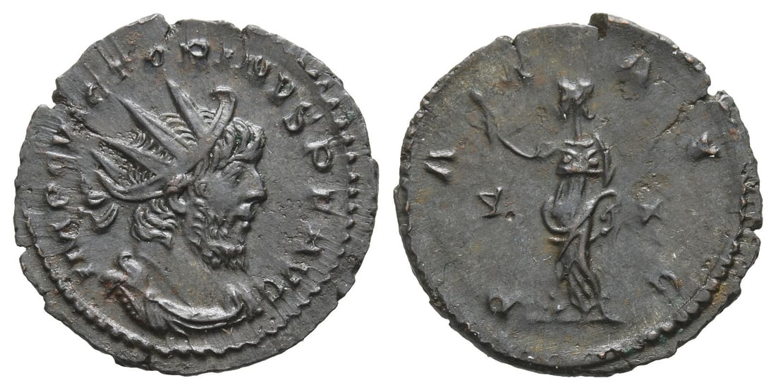 Victorinus, Romano-Gallic BI Antoninianus.: AD 269-270. Treveri mint. IMP C VICTORINVS P F AVG, radiate, draped and cuirassed bust to right / PAX AVG, Pax standing facing, head to left, holding olive branch and sceptre; V in left field, star in