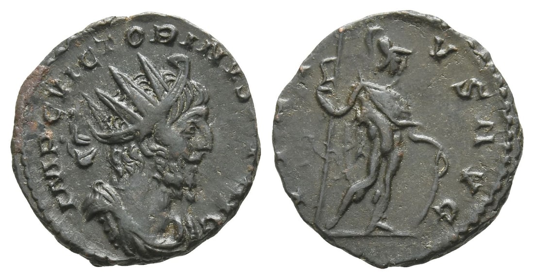Victorinus, Romano-Gallic BI Antoninianus.: Struck AD 271. Treveri mint. IMP C VICTORINVS P F AVG, radiate, draped and cuirassed bust to right / VIRTVS AVG, Virtus standing facing, head to right, holding sceptre with right hand and resting his 