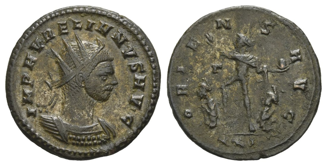 Aurelian BI Antoninianus.: AD 274. Cyzicus mint. 3rd officina. IMP AVRELIANVS AVG, radiate and cuirassed bust to right / ORIENS AVG, Sol walking to left, right hand raised, left holding globe, treading down one of two captives;