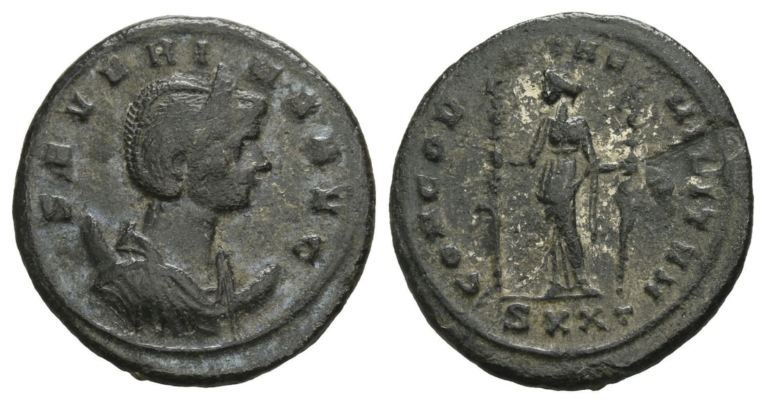 Severina, Augusta BI Antoninianus.: Struck September-November AD 275. Ticinum mint. SEVERINA AVG, diademed and draped bust set on crescent to right / CONCORDIAE MILITVM, Concordia standing facing, head to left, holding standard in each 