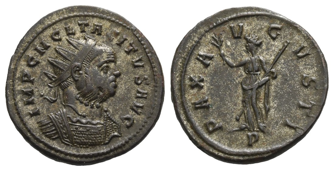 Tacitus BI Antoninianus.: AD 276. Ticinum mint. 1st officina. IMP C M CL TACITVS AVG, radiate and cuirassed bust to right / PAX AVGVSTI, Pax standing to left, holding olive-branch and sceptre. RIC V.1 150; MER-RIC 3394 (tempor