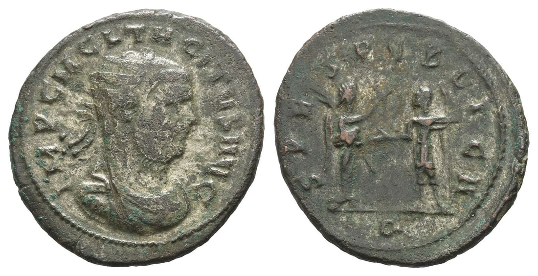 Tacitus BI Antoninianus.: Struck January-June AD 276. Cyzicus mint. 4th officina. IMP C M CL TACITVS AVG, radiate and cuirassed bust to right / SPES PVBLICA, Victory standing to right, holding palm frond over her left shoulder