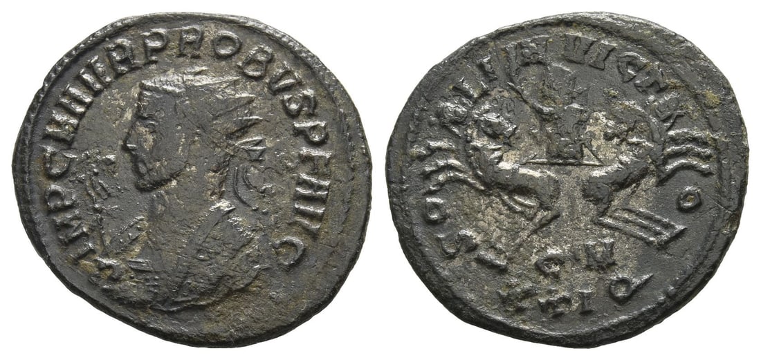 Probus BI Antoninianus.: Struck AD 280. Cyzicus mint. 4th officina. IMP C M AVR PROBVS P F AVG, radiate bust to left in imperial mantle, holding eagle-tipped sceptre in right hand / SOLI INVICTO, Sol radiate standing facing i