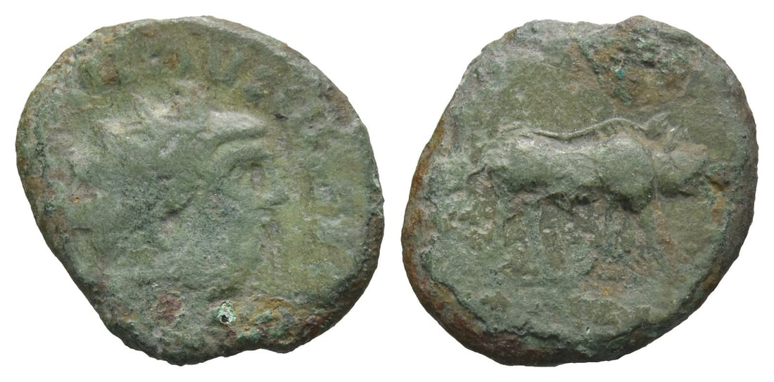 Carausius, Romano-British Emperor BI Antoninianus.: AD 286-293. London mint. Legionary issue. Illegible inscription, radiate, draped, and cuirassed(?) bust to right / Illegible inscription, boar standing to right. Cf. RIC V.5 1898. 2.92gr, 19mm, 7h. Ne
