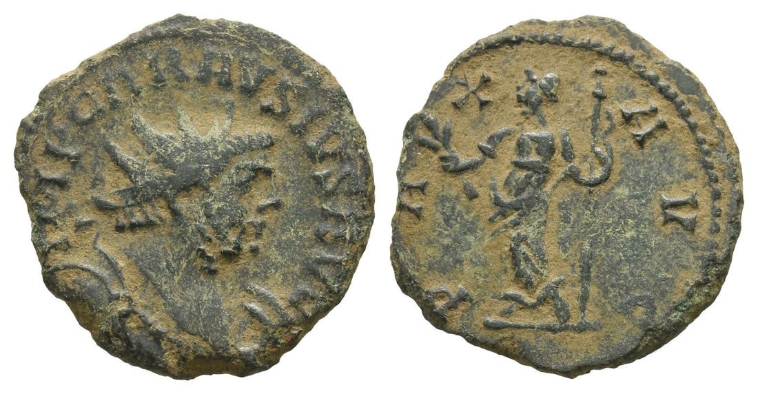 Carausius, Romano-British Emperor BI Antoninianus.: AD 286-293. IMP CARAVSIVS AVG, radiate, draped, and cuirassed bust to right / PAX AVG, Pax standing to left, holding olive branch with right hand and vertical sceptre with left. Cf. RIC V.5 1236d. 2.4