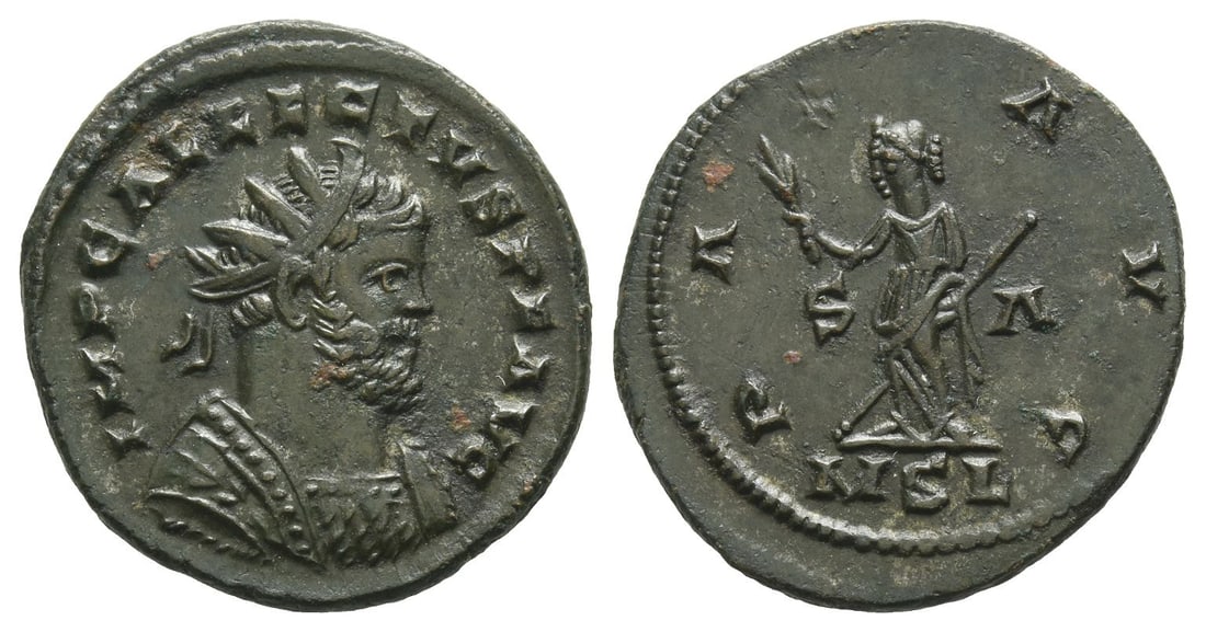 Allectus, Romano-British Emperor BI Antoninianus.: AD 293-295. London mint. IMP C ALLECTVS P F AVG, radiate and cuirassed bust to right / PAX AVG, Pax standing to left, holding branch and vertical sceptre; S ? across fields, MSL in exergue. RIC V.2 28