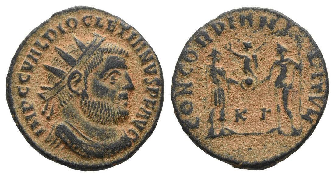 Diocletian BI Radiate.: AD 295-299. Cyzicus mint. IMP C C VAL DIOCLETIANVS P F AVG, radiate, draped and cuirassed bust to right / CONCORDIA MILITVM, emperor standing to right, receiving Victory on globe from Jupiter standing
