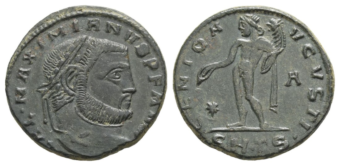 Galerius BI Nummus.: AD 308-310. Thessalonica mint. GAL MAXIMIANVS P F AVG, laureate head to right / GENIO AVGVSTI, Genius standing to left, modius on head, holding patera and cornucopiae; star and A across fields, ?SM?TS
