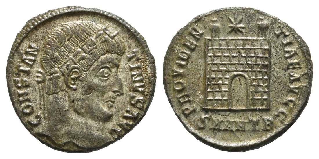 Constantine I BI Nummus.: AD 327-328. Antioch mint. 2nd officina. CONSTANTINVS AVG, rosette-diademed head to right / PROVIDENTIAE AVGG, camp gate with no doors, two turrets; star above, SMANTB in exergue. RIC VII 78 (see note