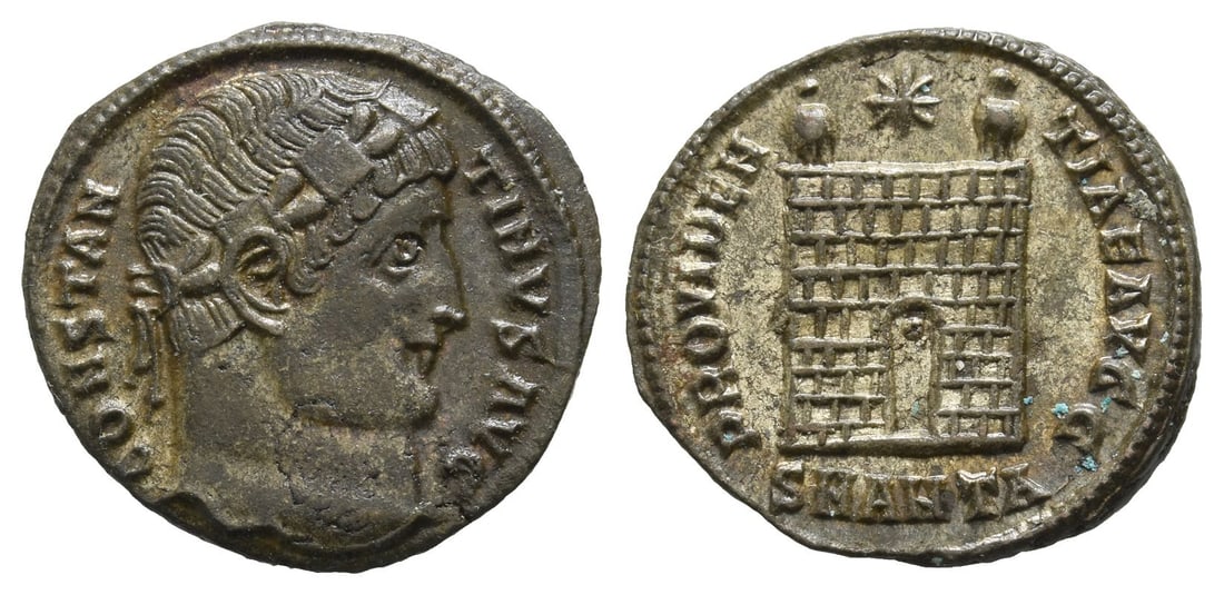 Constantine I BI Nummus.: AD 327-329. Antioch mint. 1st officina. CONSTANTINVS AVG, rosette-diademed head to right / PROVIDENTIAE AVGG, camp gate with two turrets, star above and pellet in doorway; SMANTA in exergue. RIC VII