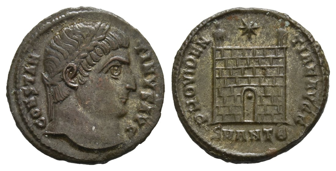 Constantine I BI Nummus.: AD 326-327. Antioch mint. 5th officina. CONSTANTINVS AVG, laureate head to right / PROVIDENTIAE AVGG, camp gate with no door, two turrets, star above and pellet within doorway; SMANT? in exergue. RIC