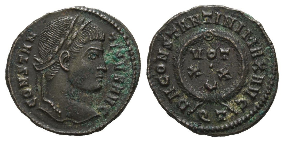 Constantine I BI Nummus.: AD 322-325. Ticinum mint. 4th officina. CONSTANTINVS AVG, laureate head to right / D N CONSTANTINI MAX AVG, VOT ? XX in two lines above crescent within wreath; QT in exergue. RIC VII 167. 3.17gr,