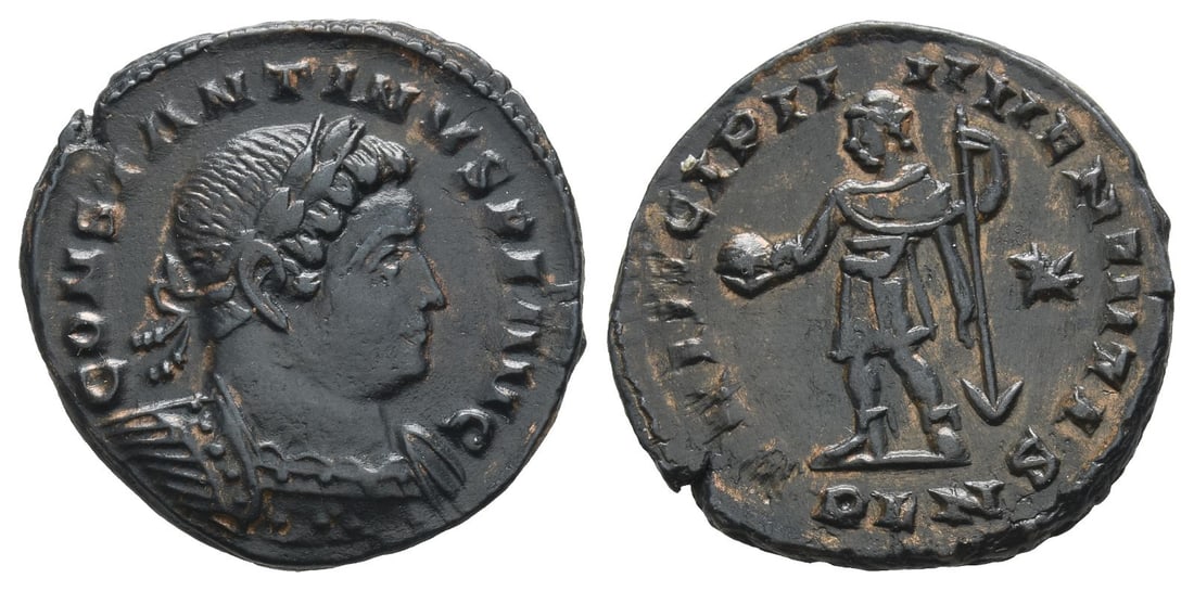 Constantine I BI Nummus.: AD 311-312. London mint. 1st officina. CONSTANTINVS P F AVG, laureate and cuirassed bust to right / PRINCIPI IVVENTVTIS, emperor standing facing, head to left, cloak hanging from left shoulder,