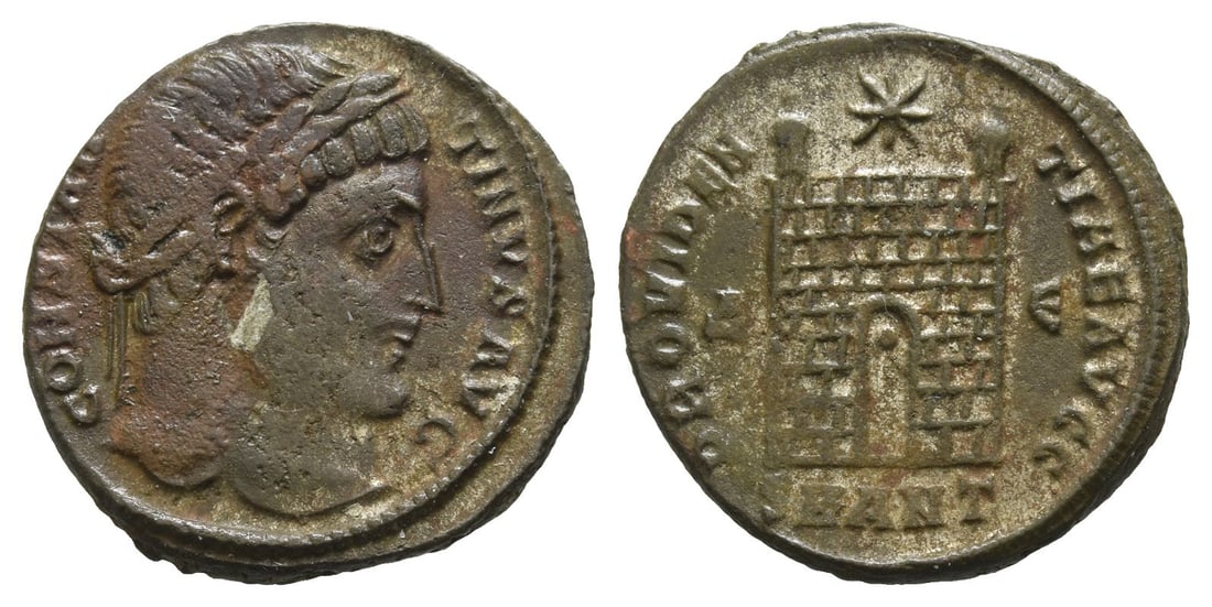 Constantine I BI Nummus.: AD 326-327. Antioch mint. CONSTANTINVS AVG, laureate head to right / PROVIDENTIAE AVGG, camp gate with no doors and two turrets, star above and pellet within doorway; ? ? across fields, SMANT in exerg