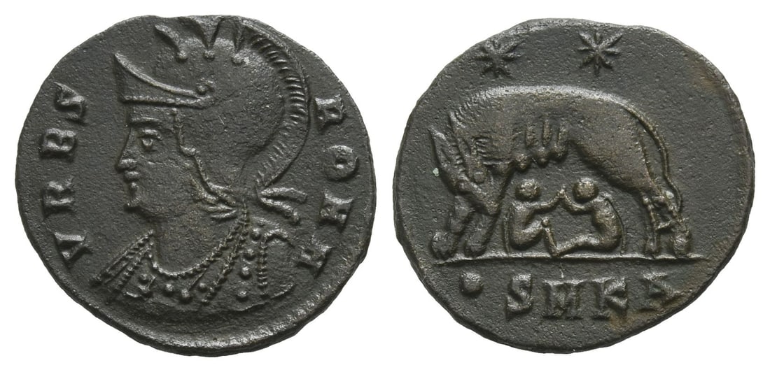 City Commemorative BI Nummus.: Struck under Constantine I, AD 332-335. Cyzicus mint. 1st officina.. VRBS ROMA, helmeted bust of Roma to left, wearing imperial mantle / She-wolf to left suckling Romulus and Remus; two stars above, ?